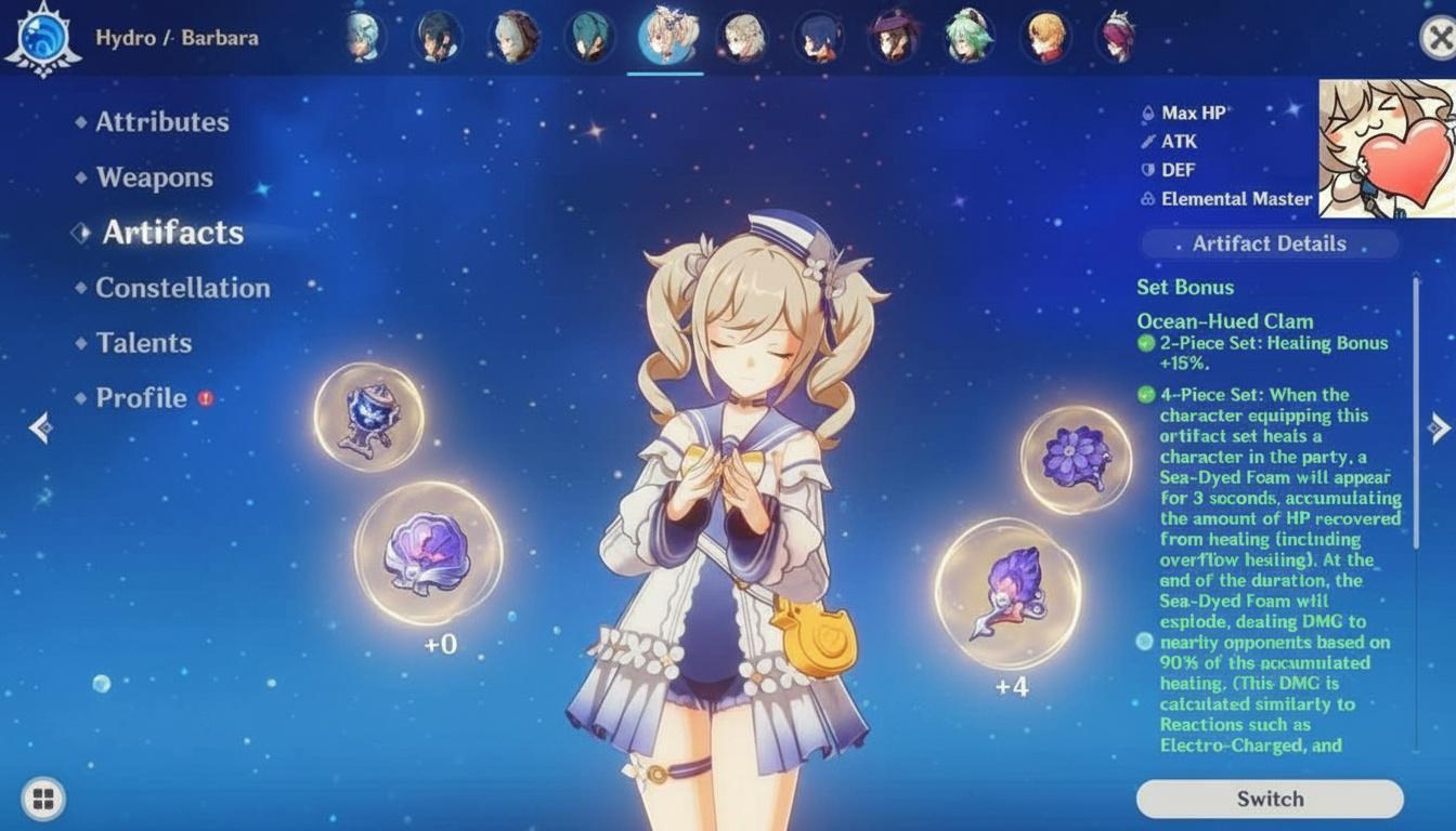 Genshin Impact character Barbara shown in the character menu with the Artifacts tab selected, displaying her equipped artifacts and their