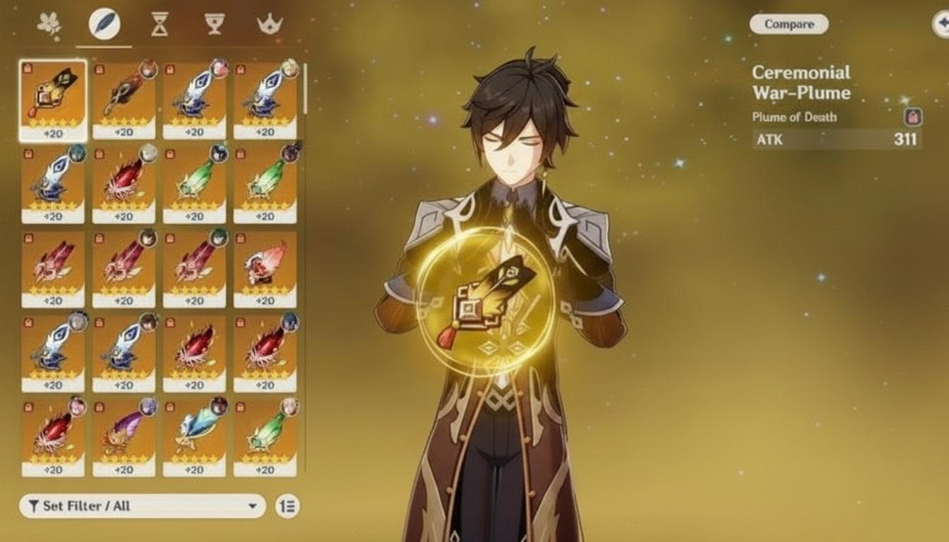 A screenshot from Genshin Impact showing the details of a Ceremonial War-Plume artifact, displaying its main stat of ATK and