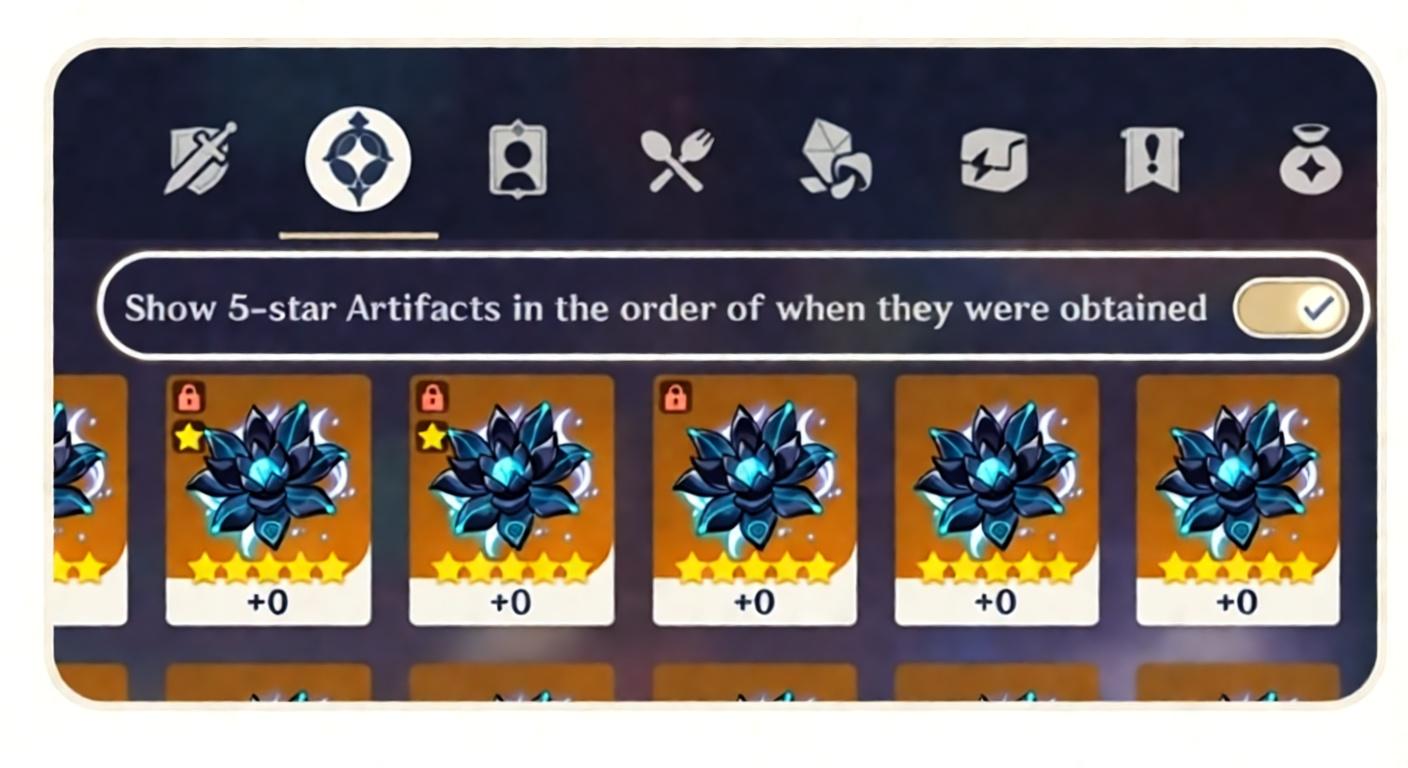 Genshin Impact artifact inventory with a filter option for "Show 5-star Artifacts"