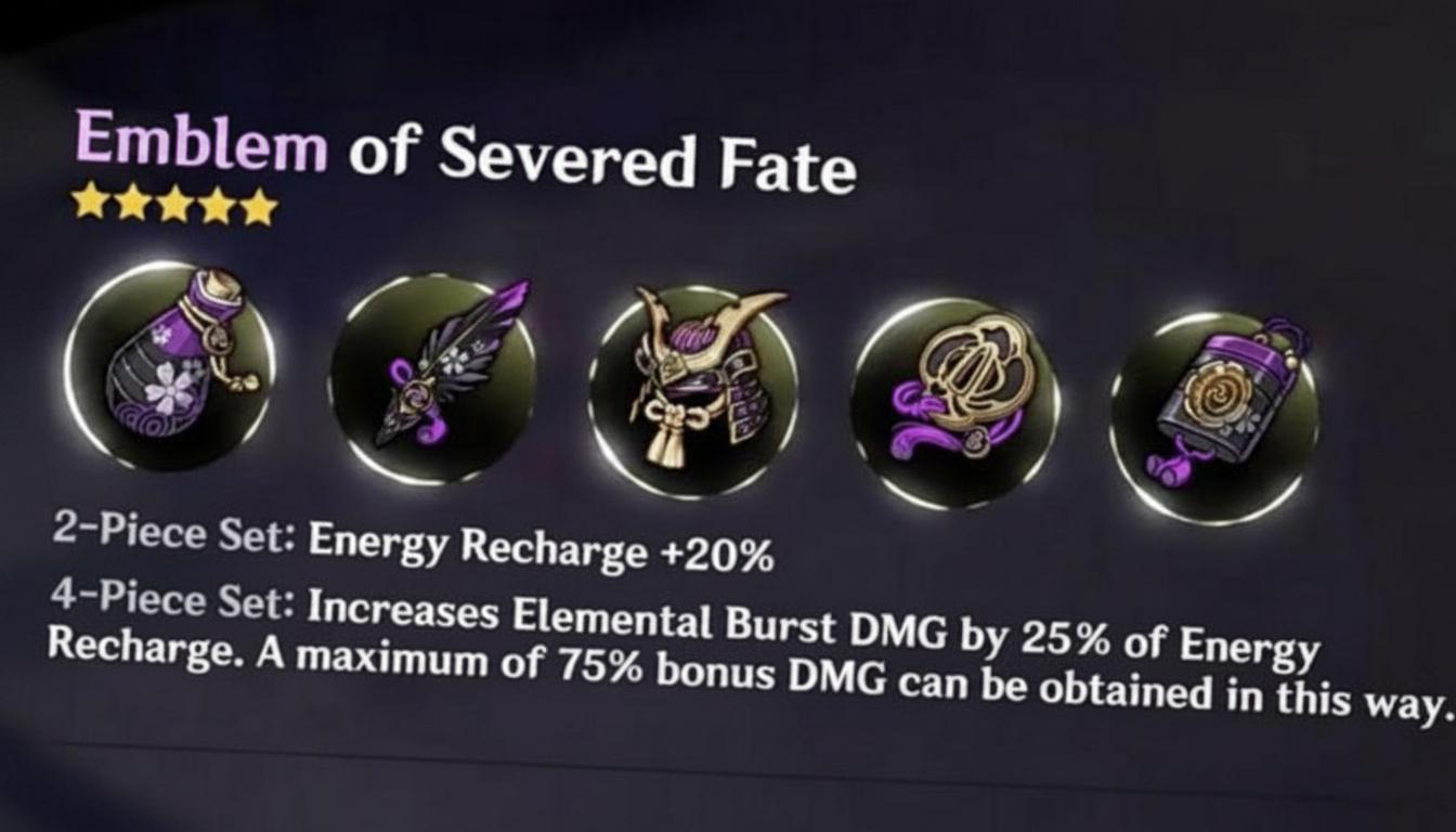 A close-up of the Emblem of Severed Fate artifact set in Genshin Impact, showing five individual artifact pieces and the