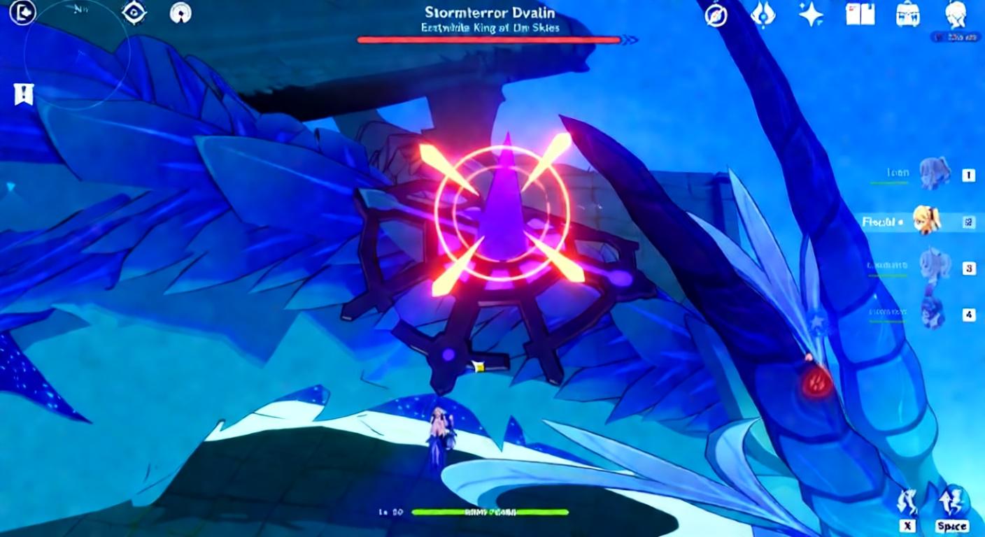 A character fighting the Stormterror Dvalin boss in Genshin Impact