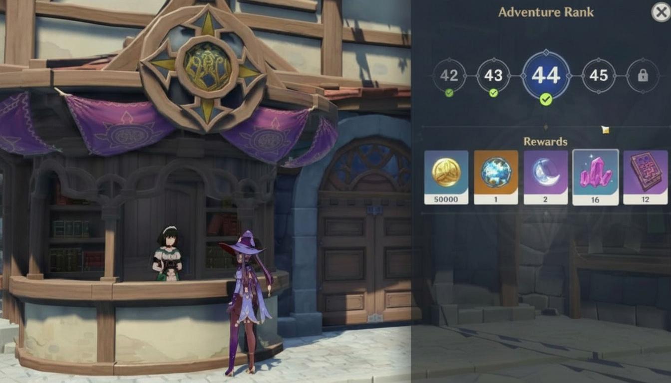 Genshin Impact Adventure Rank UI showing levels 42, 43, 44, and 45, with rewards claimed for level 44