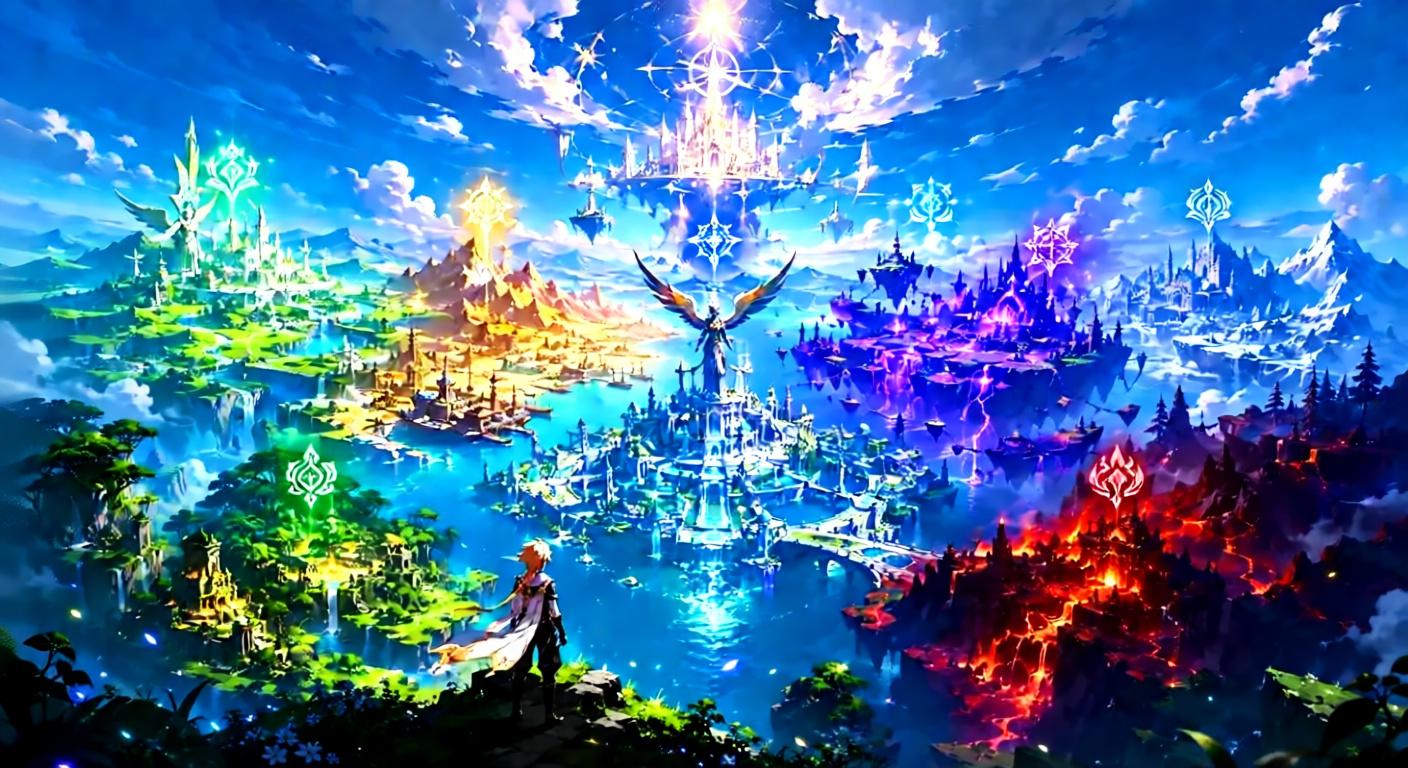 A character stands on a cliff overlooking a vast, colorful landscape with multiple distinct regions and floating structures in the
