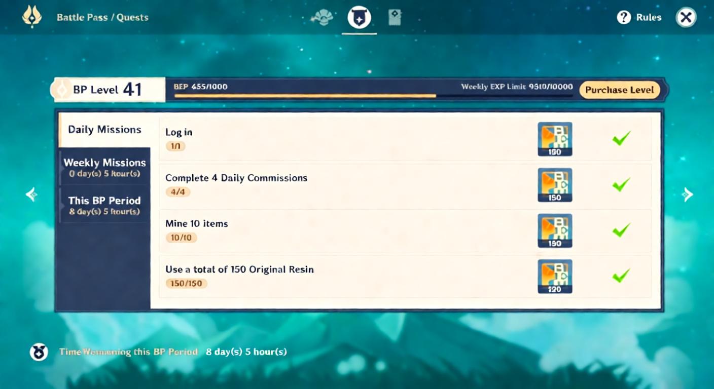 the Genshin Impact Battle Pass menu, showing a list of daily missions such as "Log in" and "Complete 4 Daily
