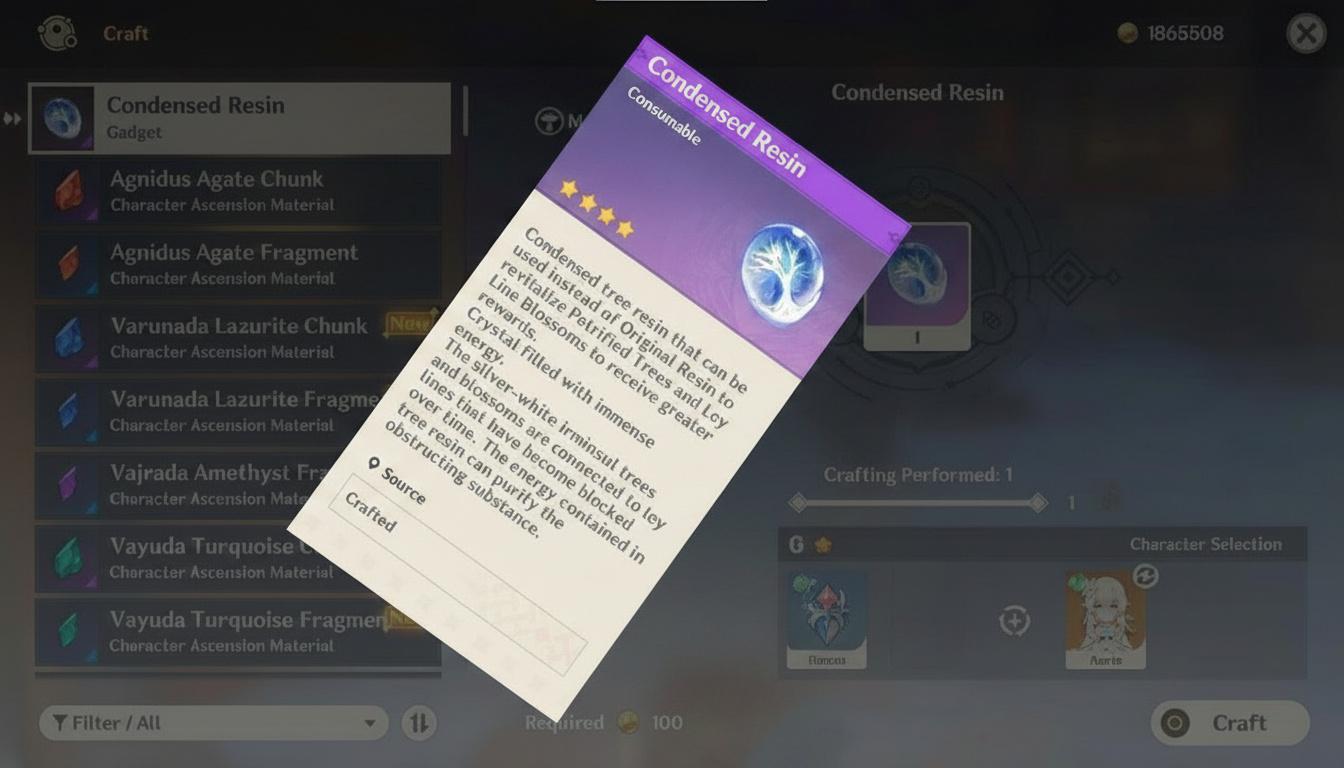 Genshin Impact crafting menu showing Condensed Resin as a selectable item, with its description and crafting requirements visible