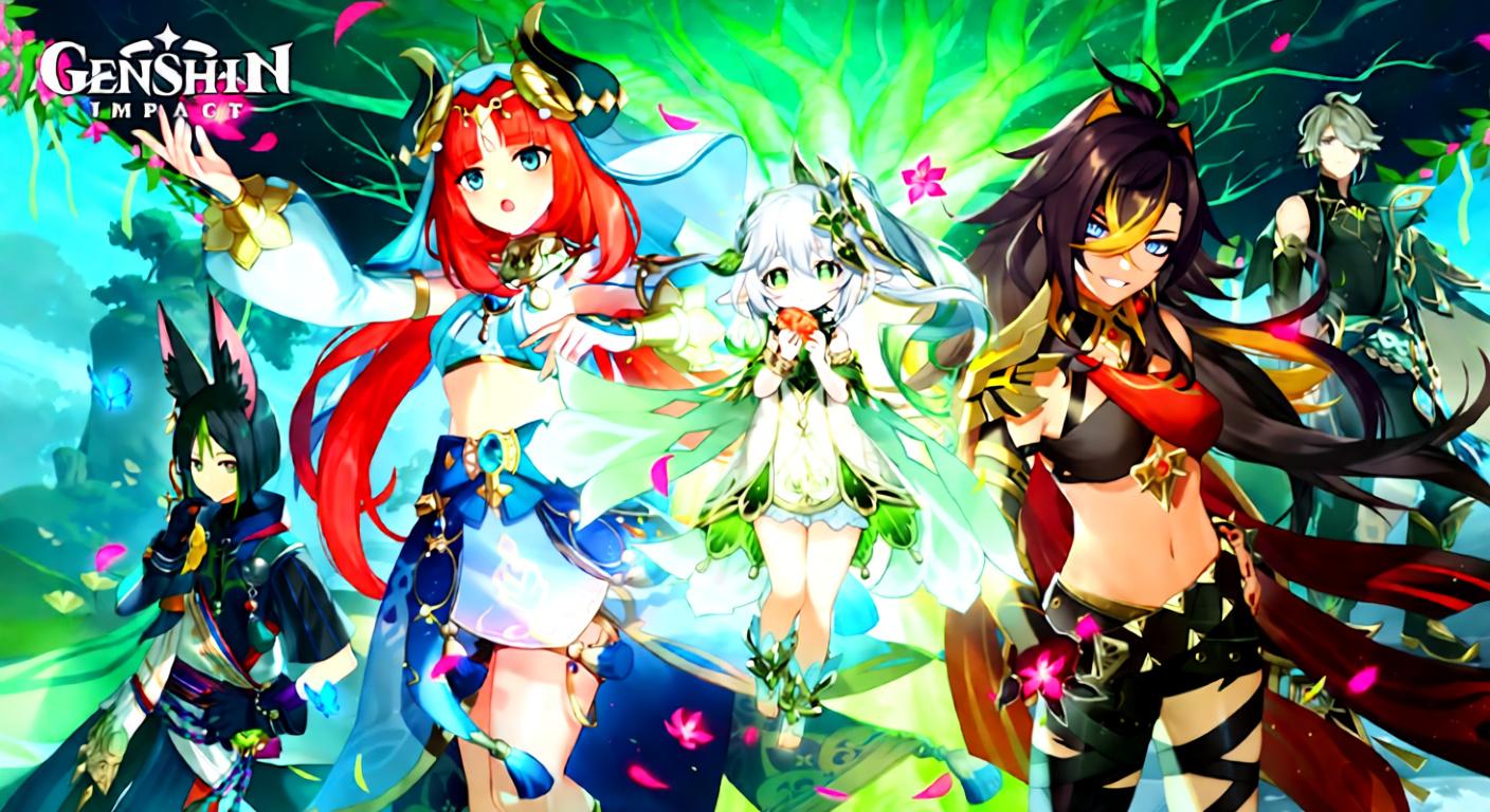 Several Genshin Impact characters, including Nahida, Nilou, and Dehya, standing in a lush green environment with a large tree in