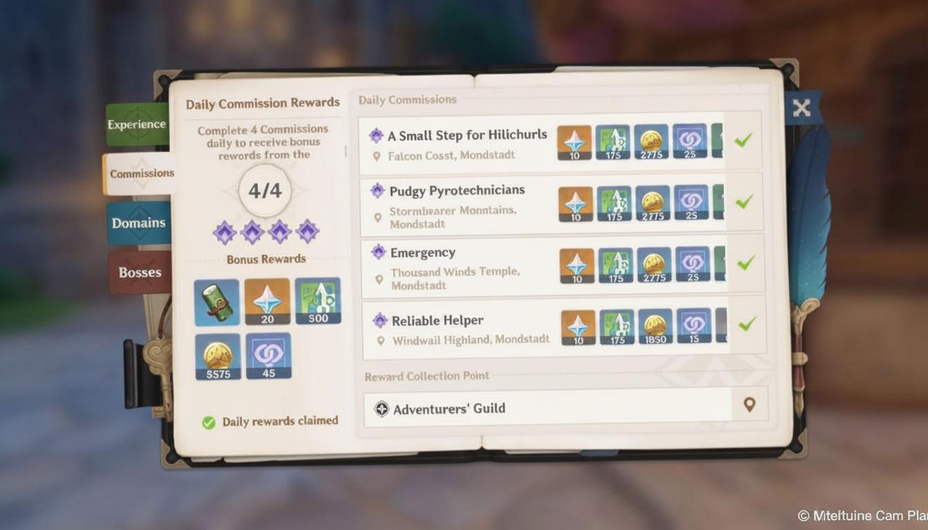 the Daily Commissions menu in Genshin Impact, showing four completed commissions and the rewards for completing them