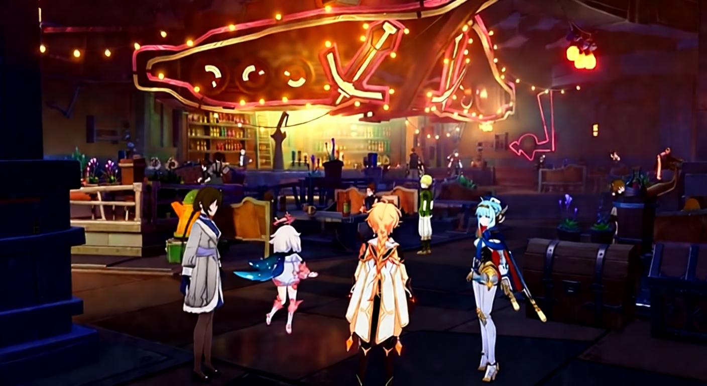 Multiple Genshin Impact characters, including the Traveler, standing in a tavern