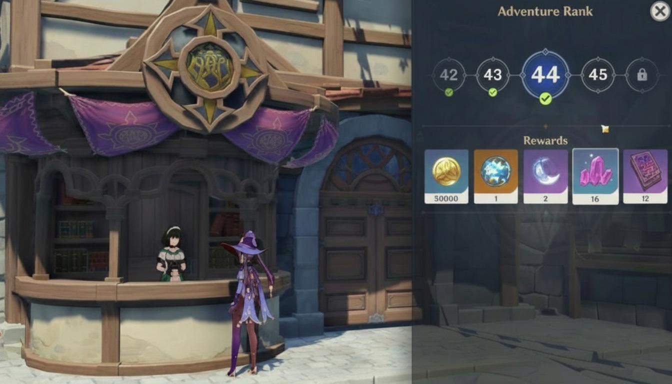 Genshin Impact Adventure Rank rewards screen showing Mona at AR 44