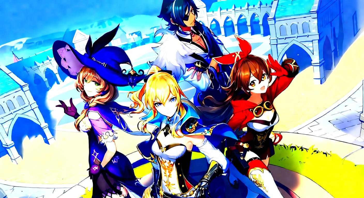 Four Genshin Impact characters, Lisa, Jean, Kaeya, and Amber, posing in front of a building in Mondstadt