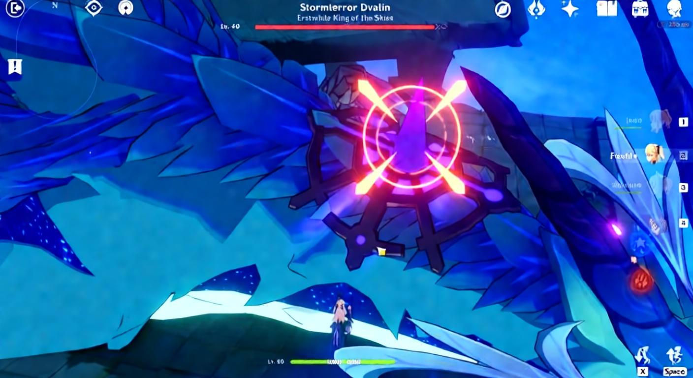 A player character stands on the back of the large blue dragon Stormterror Dvalin, attacking a glowing purple weak point on its neck
