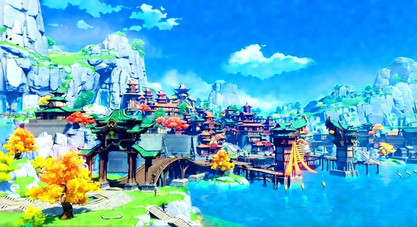 A wide shot of a large, multi-tiered city with traditional East Asian architecture, built along a waterfront with mountains in the background under a clear blue sky