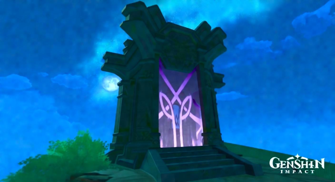 A glowing purple portal with a symbol in a stone archway at night