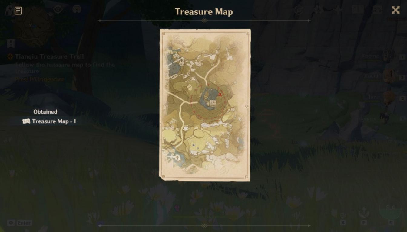 Genshin Impact Treasure Map UI showing a map and quest details