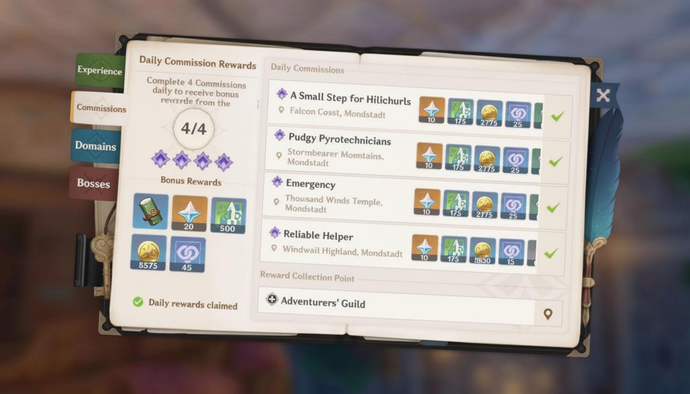 Genshin Impact Daily Commission Rewards screen showing completed tasks and bonus rewards