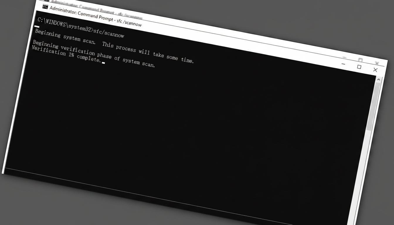 A Windows Command Prompt window showing the 'sfc /scannow' command being executed, with 'Verification 1% complete' displayed