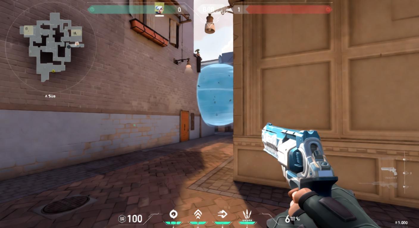 First-person view of Jett's hands in Valorant on the Ascent map