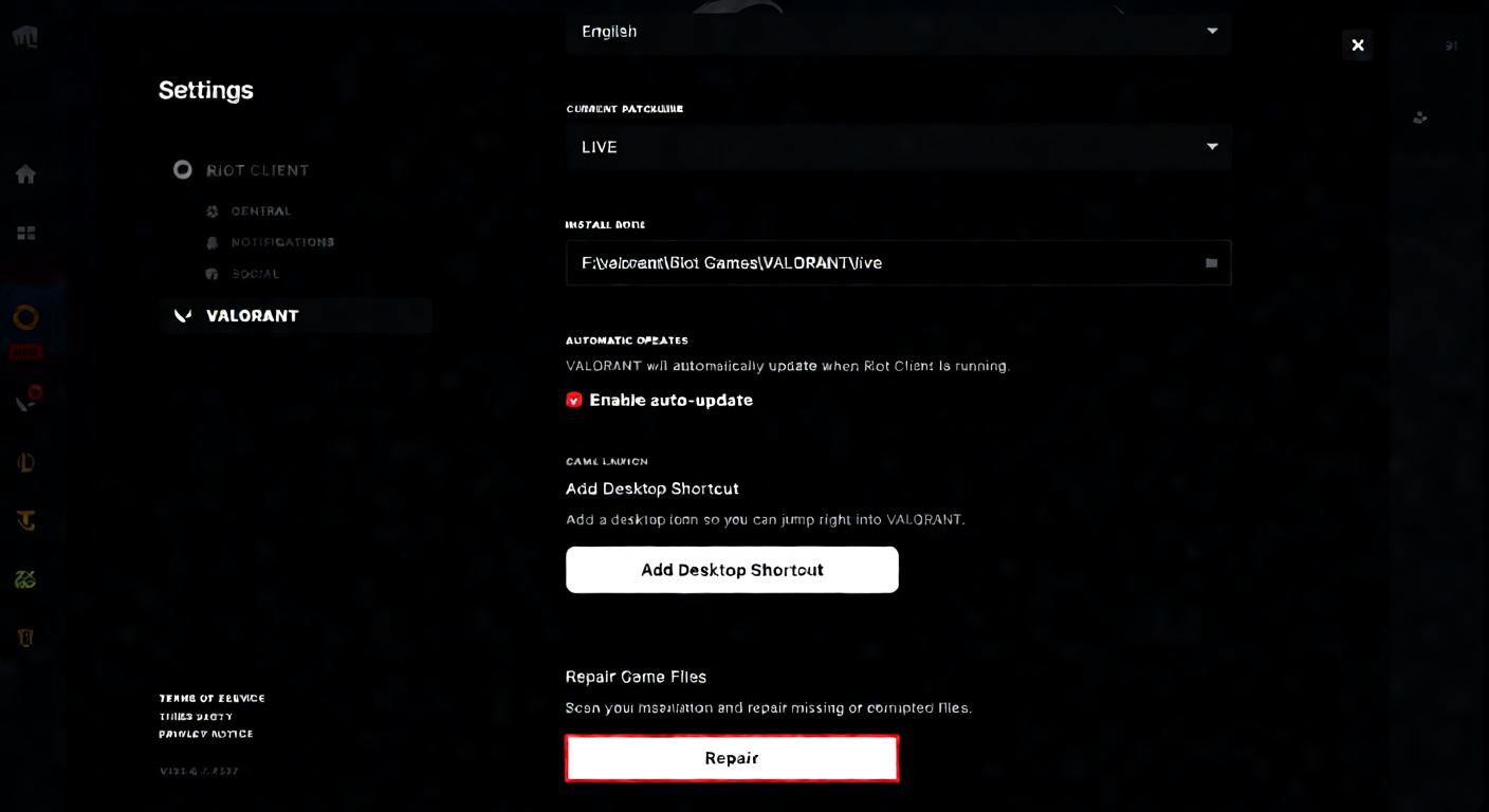 the Riot Client settings menu, with the "Repair Game Files" section and a red-outlined "Repair" button visible at the bottom
