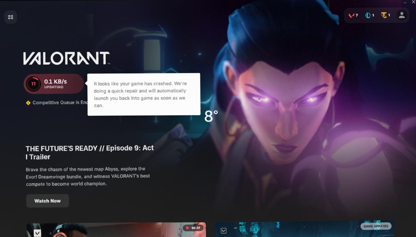 Valorant game client showing a crash message and update progress