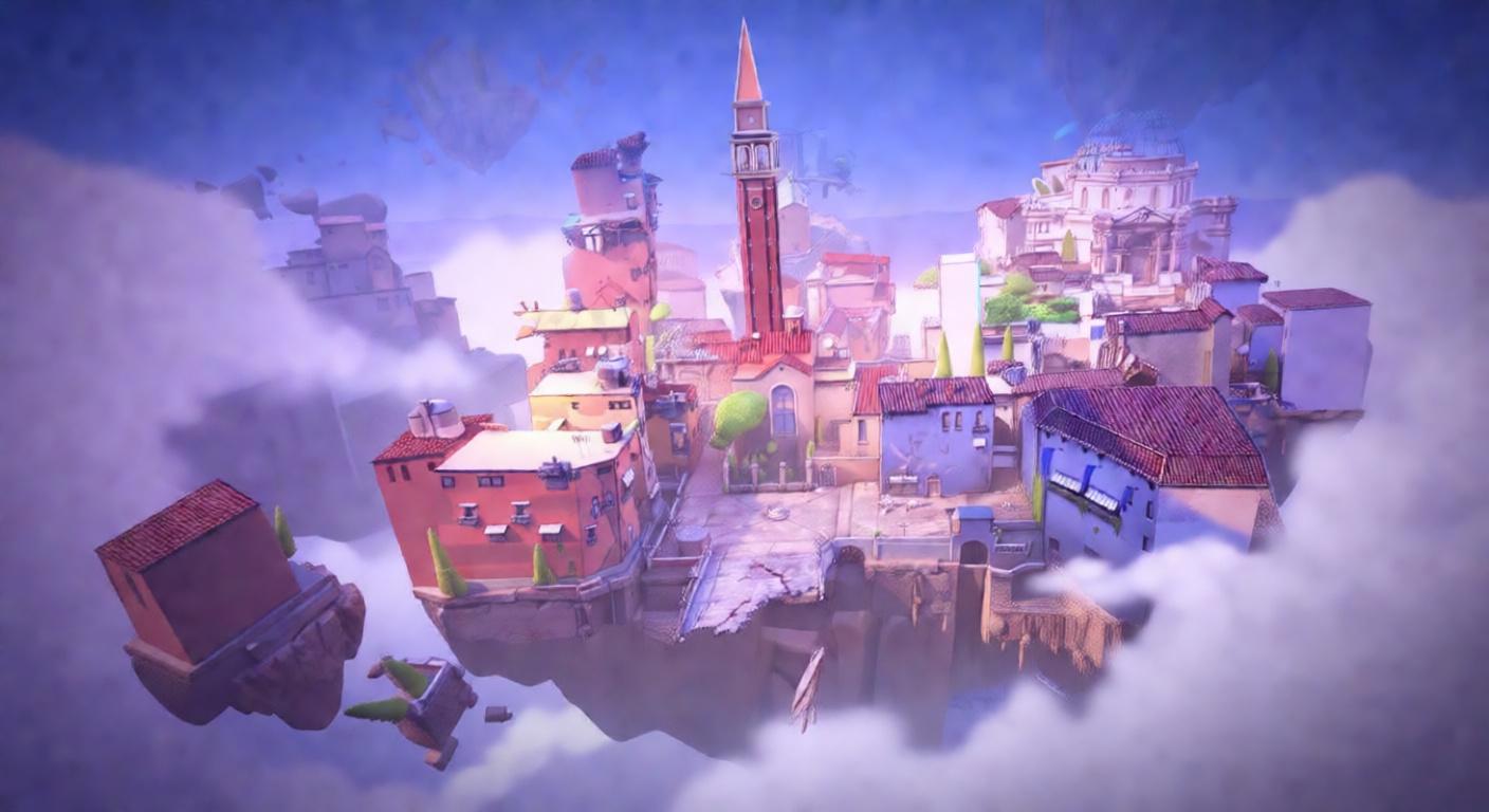 A wide shot of the Valorant map Ascent, featuring floating islands with buildings and a prominent clock tower
