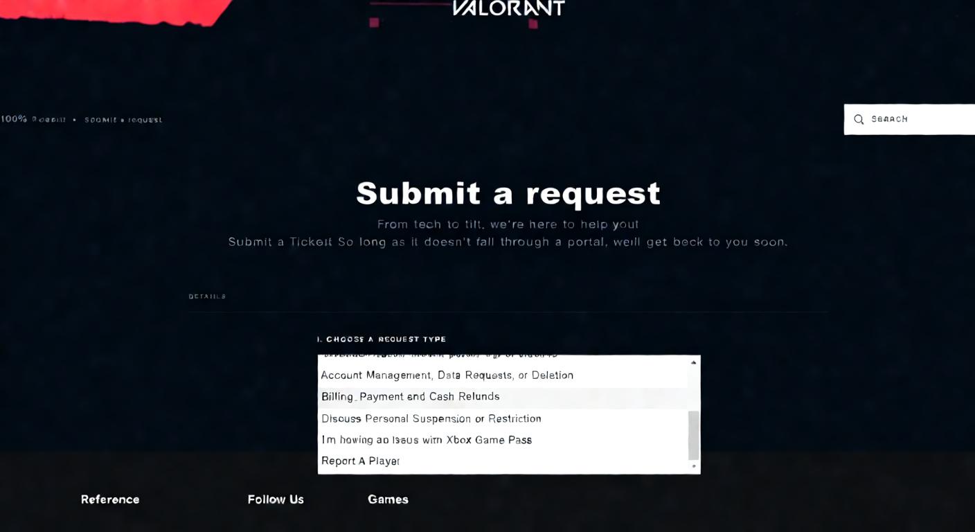 the Valorant support website with the heading "Submit a request" and a dropdown menu showing various request types