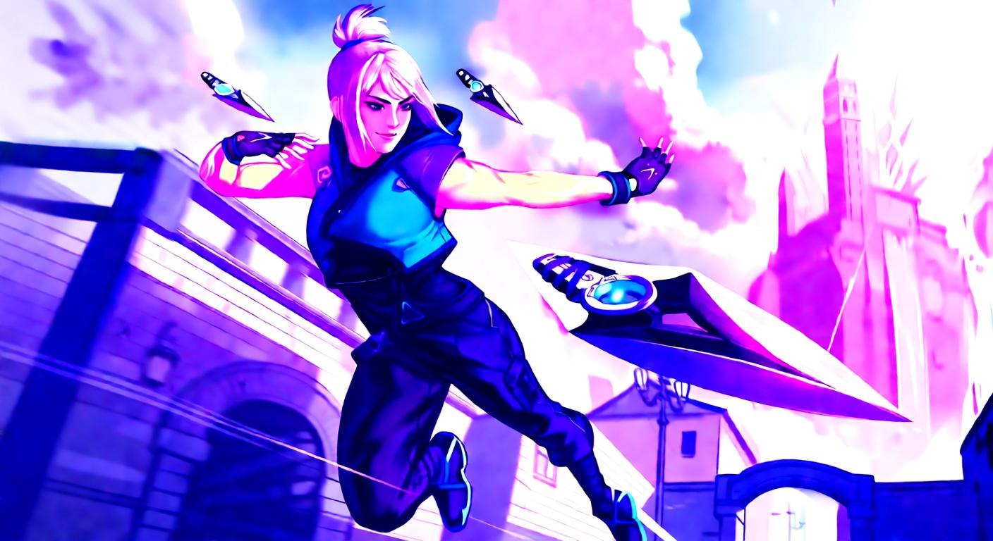 Jett from Valorant in a dynamic pose with knives and a sword-like object flying around her, set against a stylized