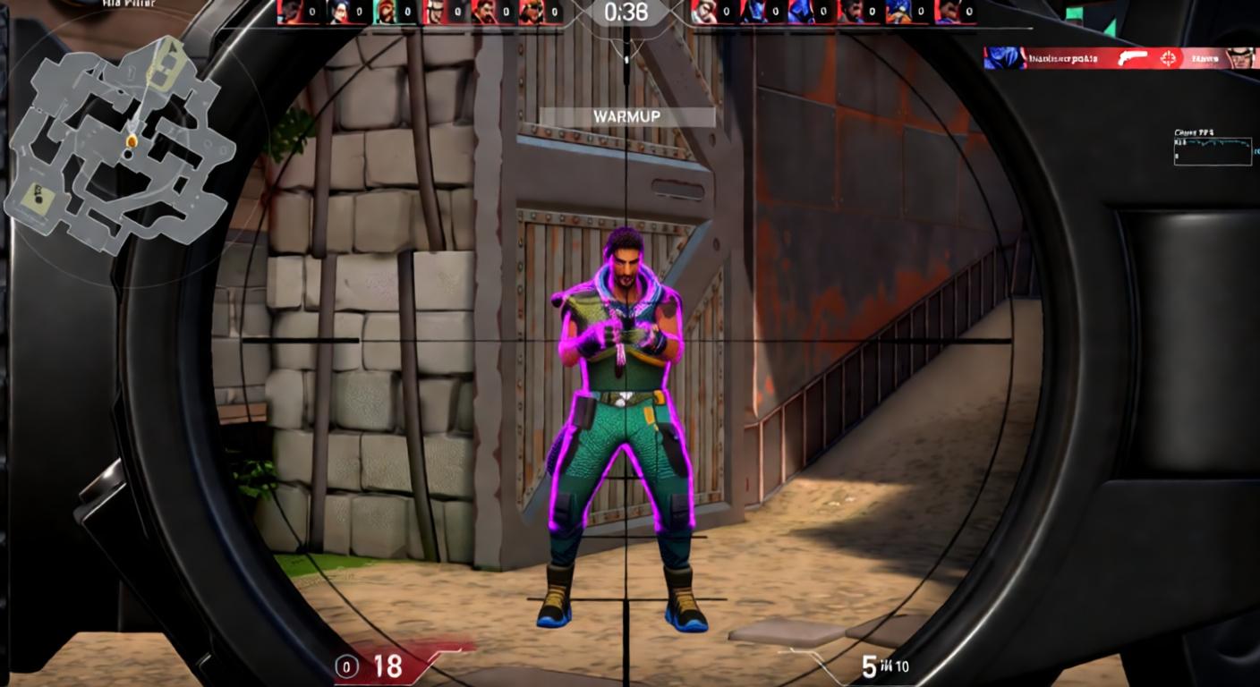 Valorant gameplay showing a character aiming down sights, with an FPS counter and performance graphs in the top left corner