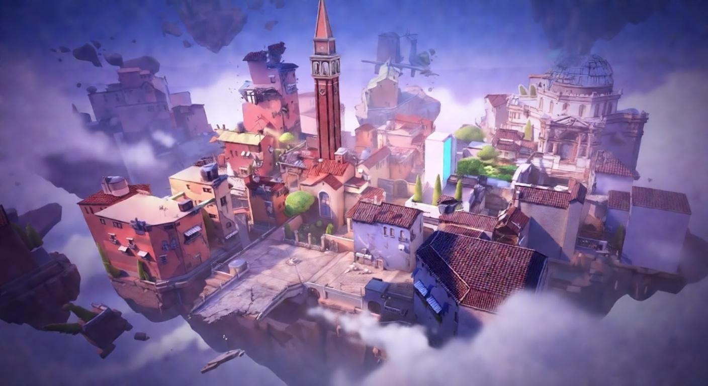 An aerial view of the Valorant map Ascent, showing buildings and structures floating among clouds
