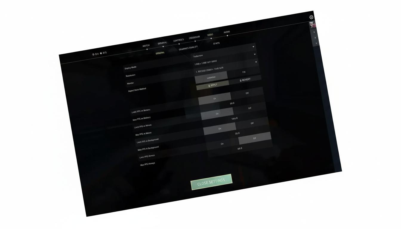 the Valorant video settings menu, showing options like display mode, resolution, and FPS limits