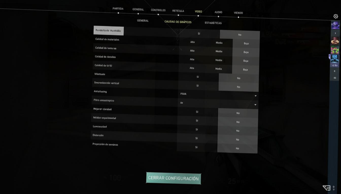 Valorant's in-game graphics settings menu, showing options like 'Calidad de Materiales' (Material Quality) and 'Calidad de Texturas' (Texture Quality)