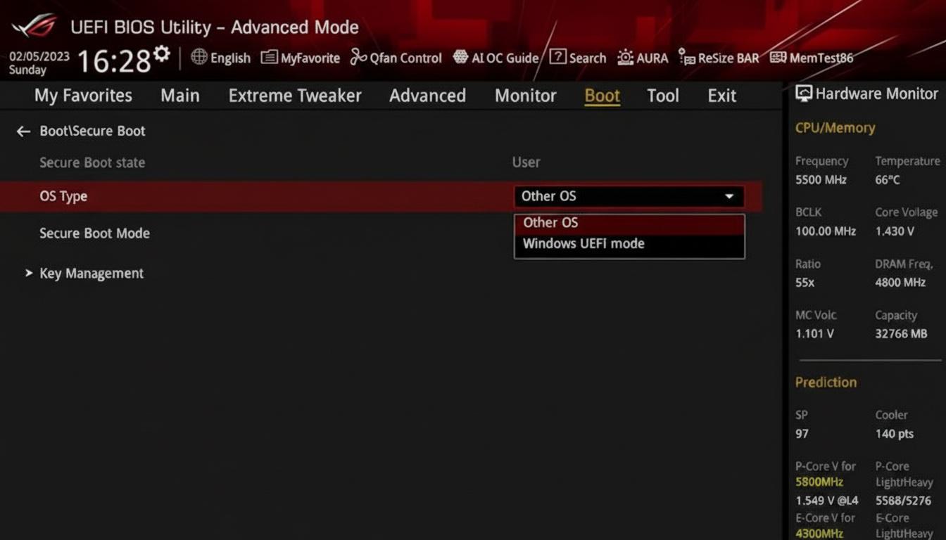 UEFI BIOS Utility Advanced Mode screen showing OS Type selection