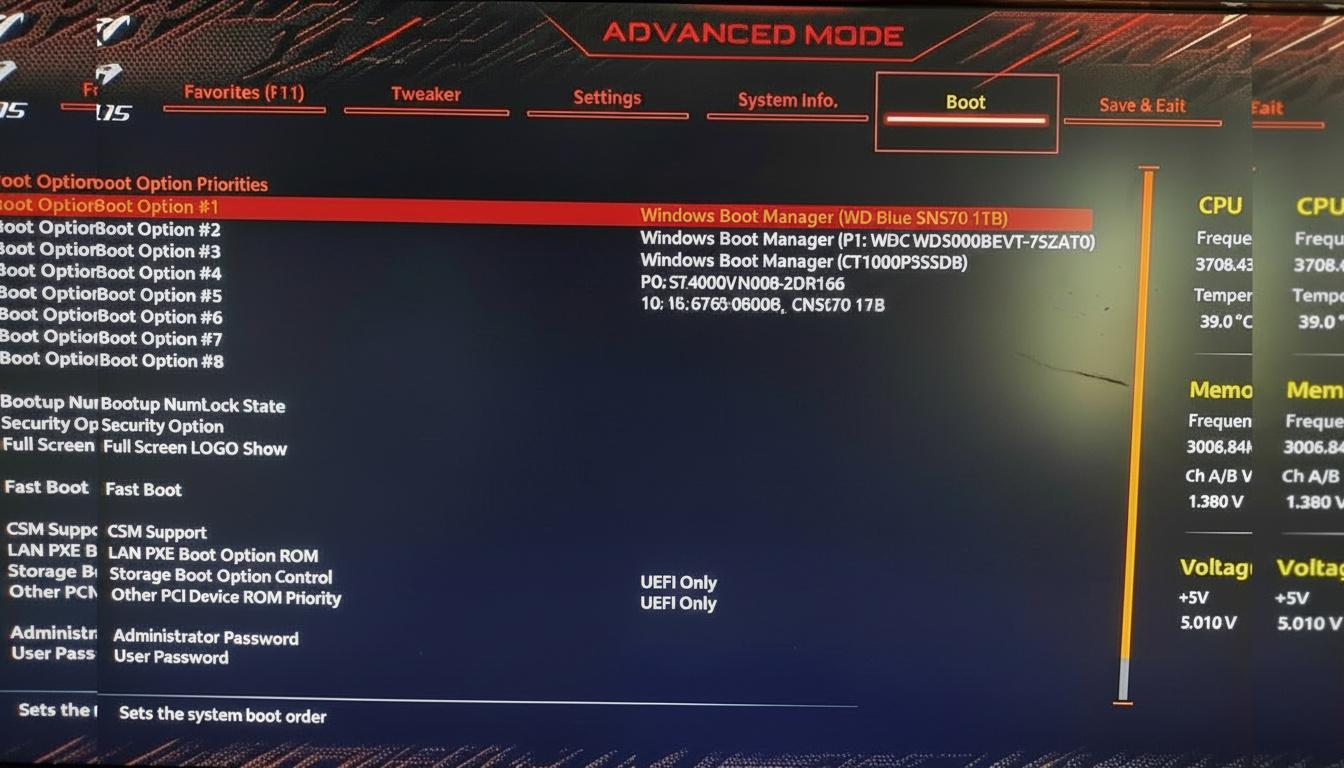 BIOS boot options menu with Windows Boot Manager highlighted