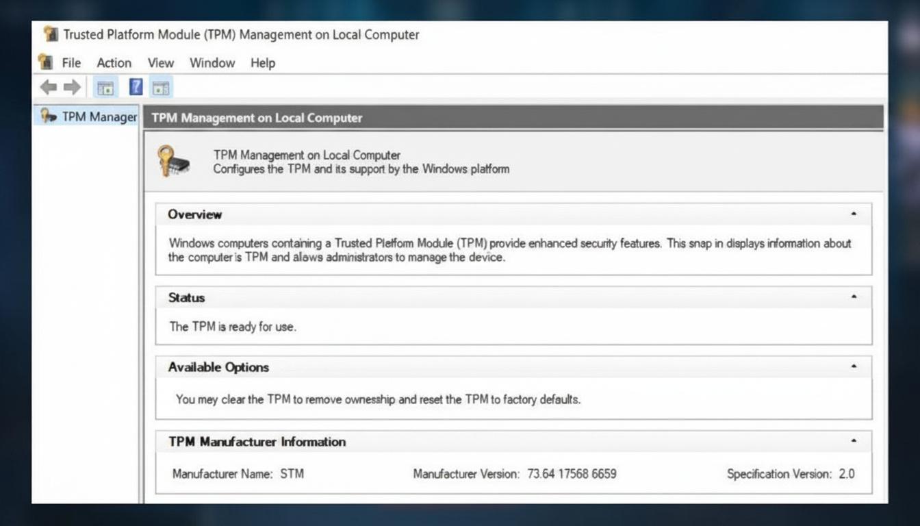 Trusted Platform Module (TPM) Management window showing TPM ready for use