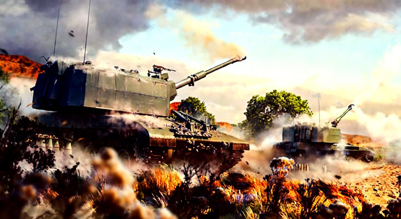 Two tanks in a desert-like environment, one firing with smoke and dust around it