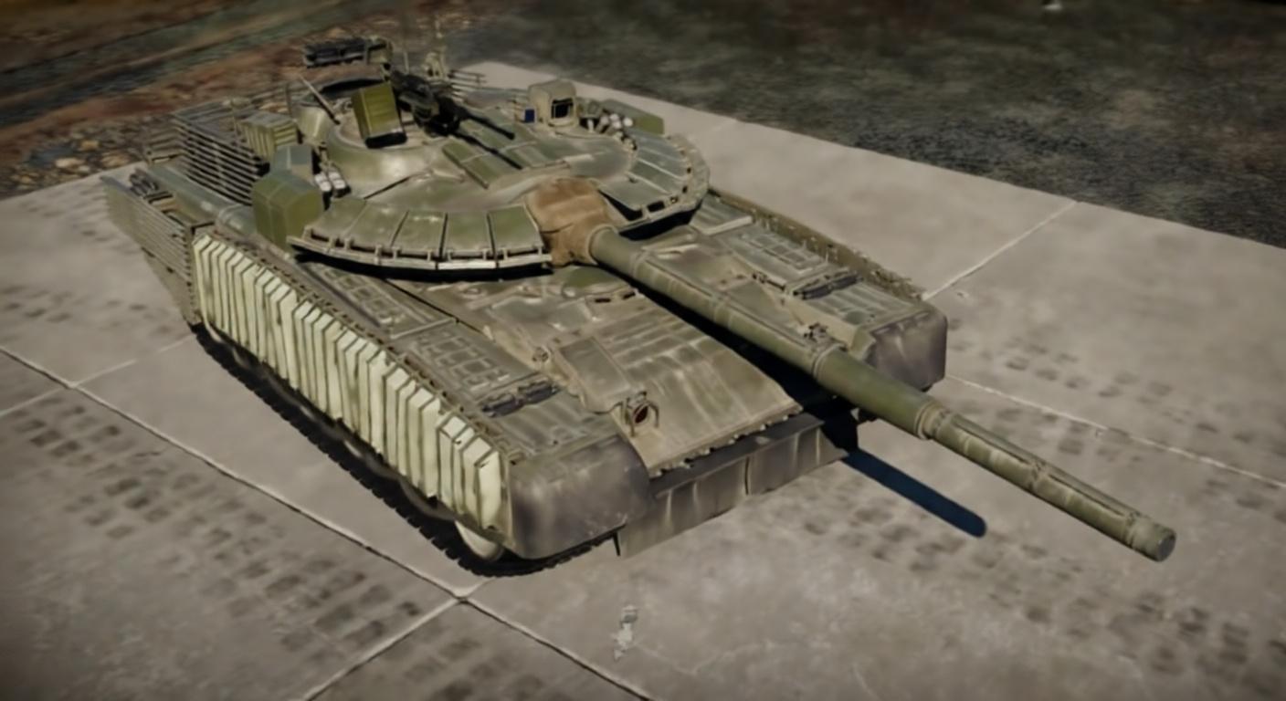 An overhead view of a modern main battle tank in War Thunder, painted in olive green, parked on a concrete