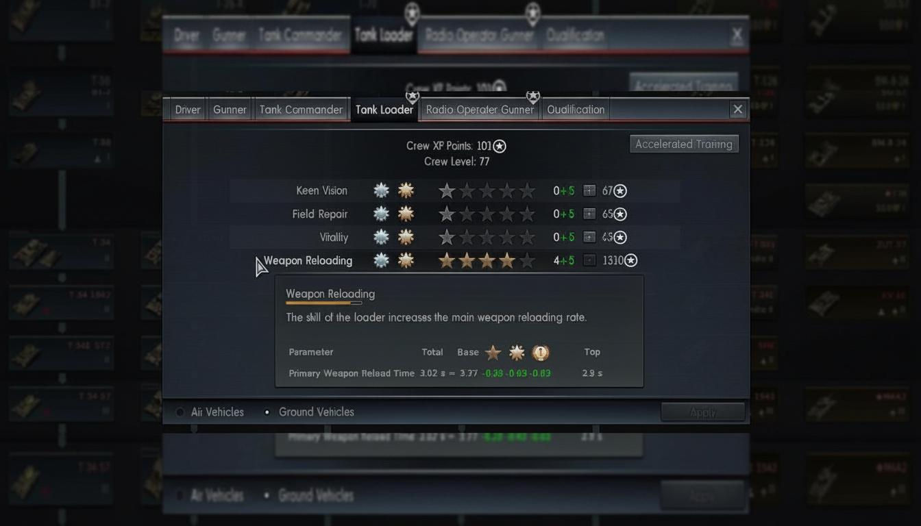 War Thunder crew skill allocation interface showing Weapon Reloading skill selected, with its description and current level