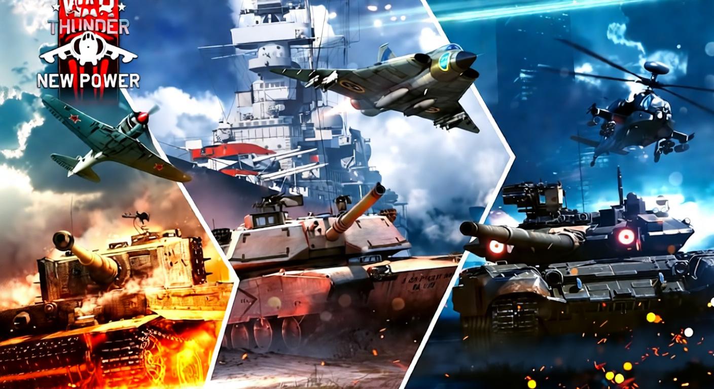 A collage of War Thunder vehicles including tanks, planes, a ship, and a helicopter