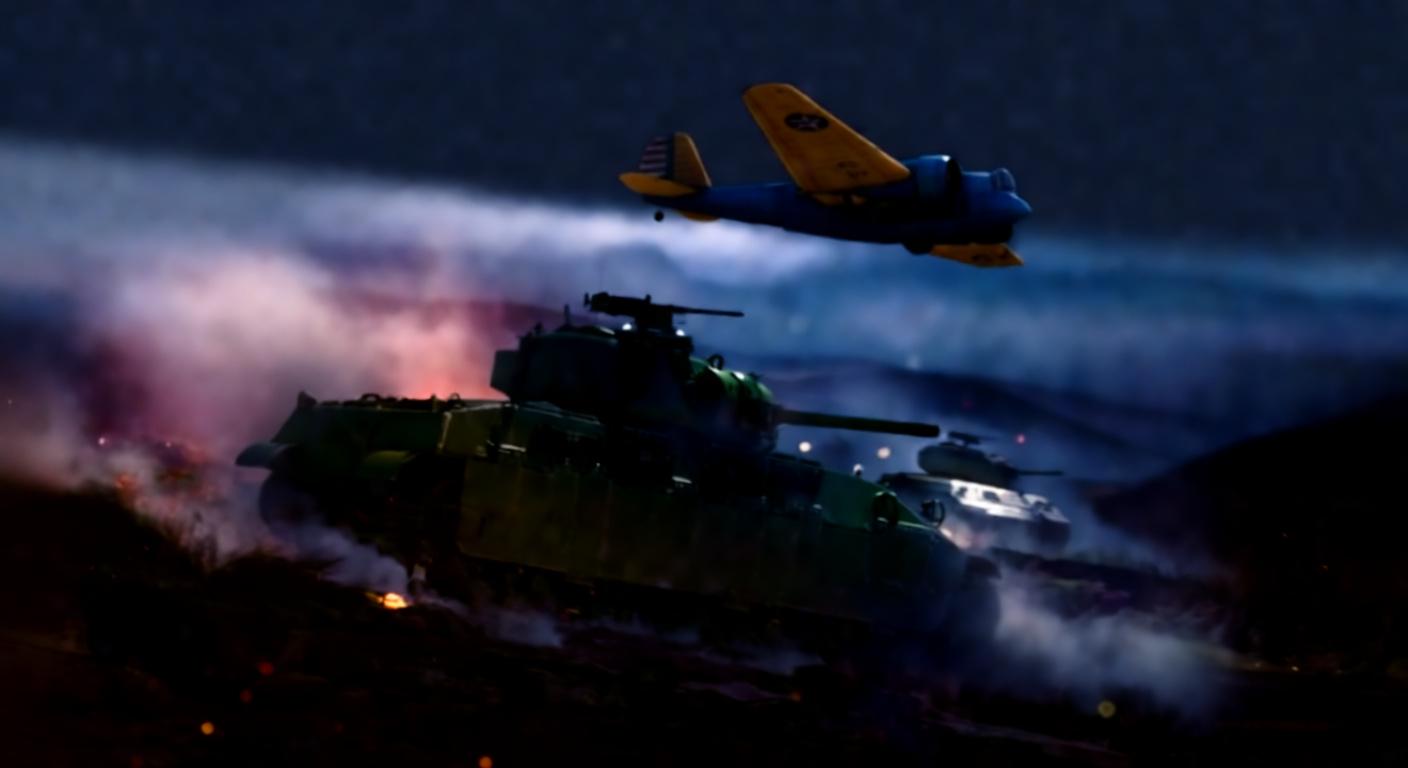 A tank on a rocky terrain with a plane flying above it, against a cloudy sky