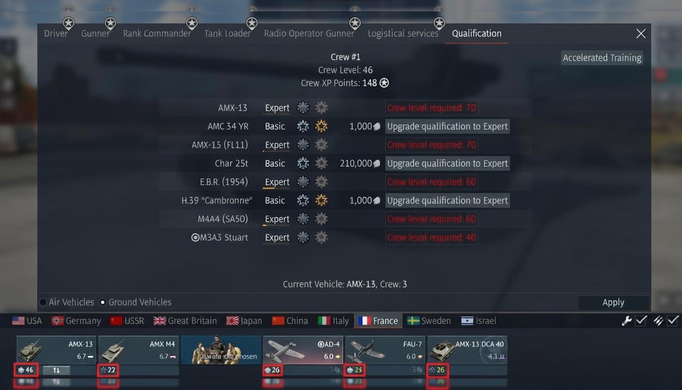War Thunder Qualification menu showing a list of vehicles, their current qualification levels (Basic or Expert), and options to upgrade