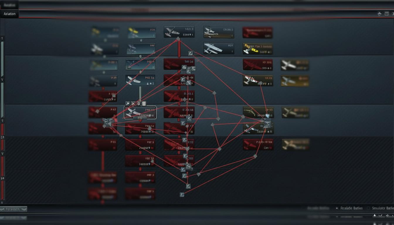 War Thunder aviation research tree showing various aircraft and progression