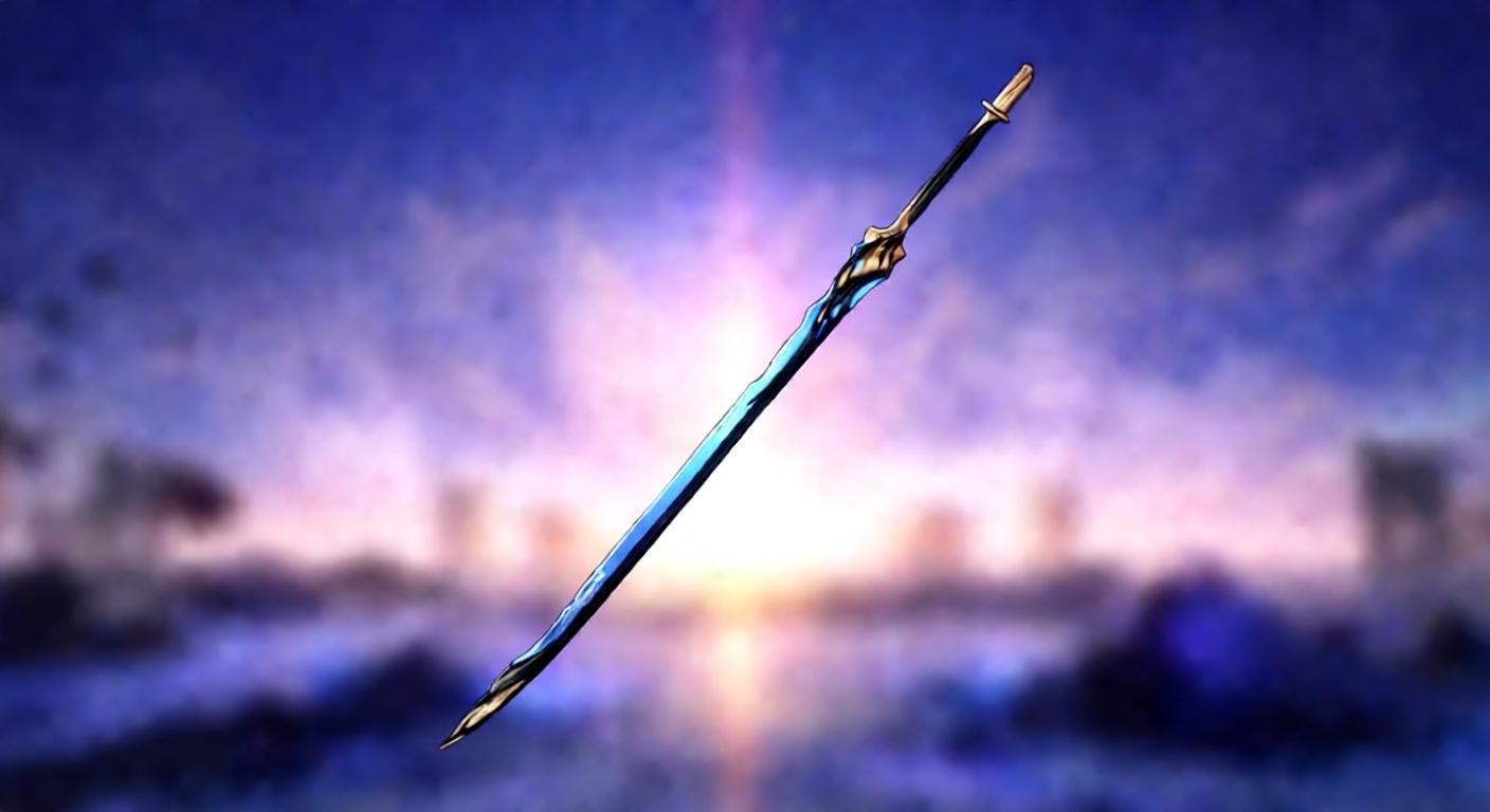 The Emerald of Genesis sword from Wuthering Waves, with a blue blade and gold hilt, against a blurred background of