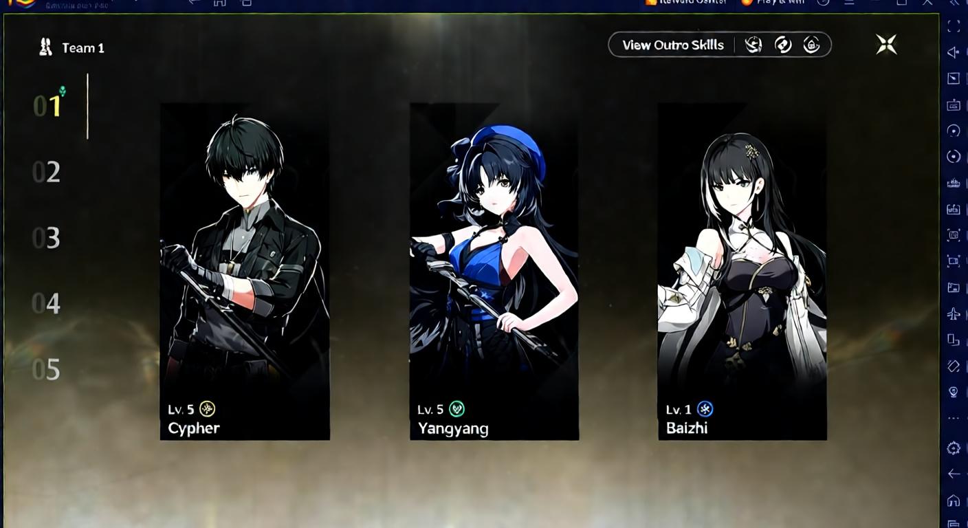 A Wuthering Waves menu showing three characters, Cypher, Yangyang, and Baizhi, with their levels displayed