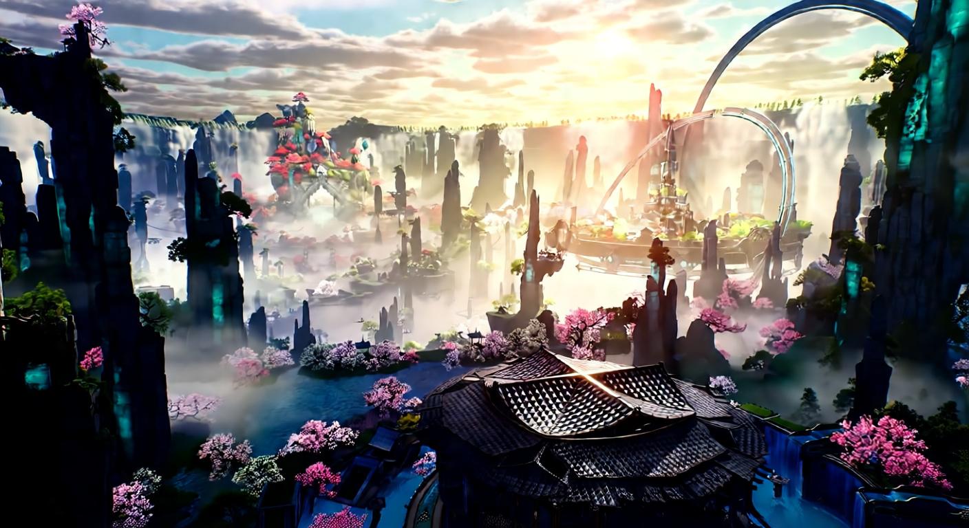 A panoramic view of a fantastical city built into cliffs and waterfalls, with cherry blossom trees and a bright sky