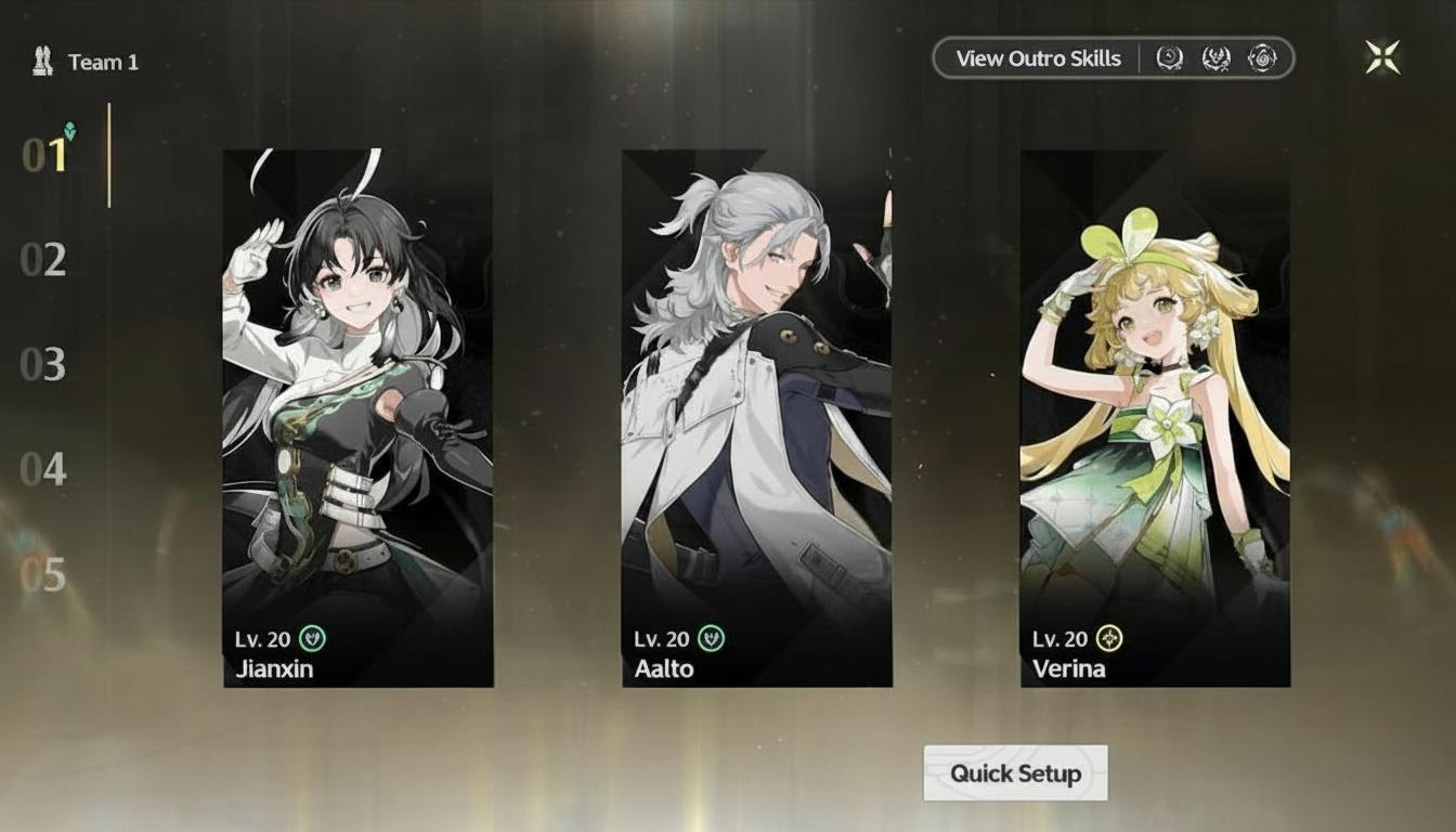 the Wuthering Waves team composition menu, showing three characters selected and empty slots for additional team members