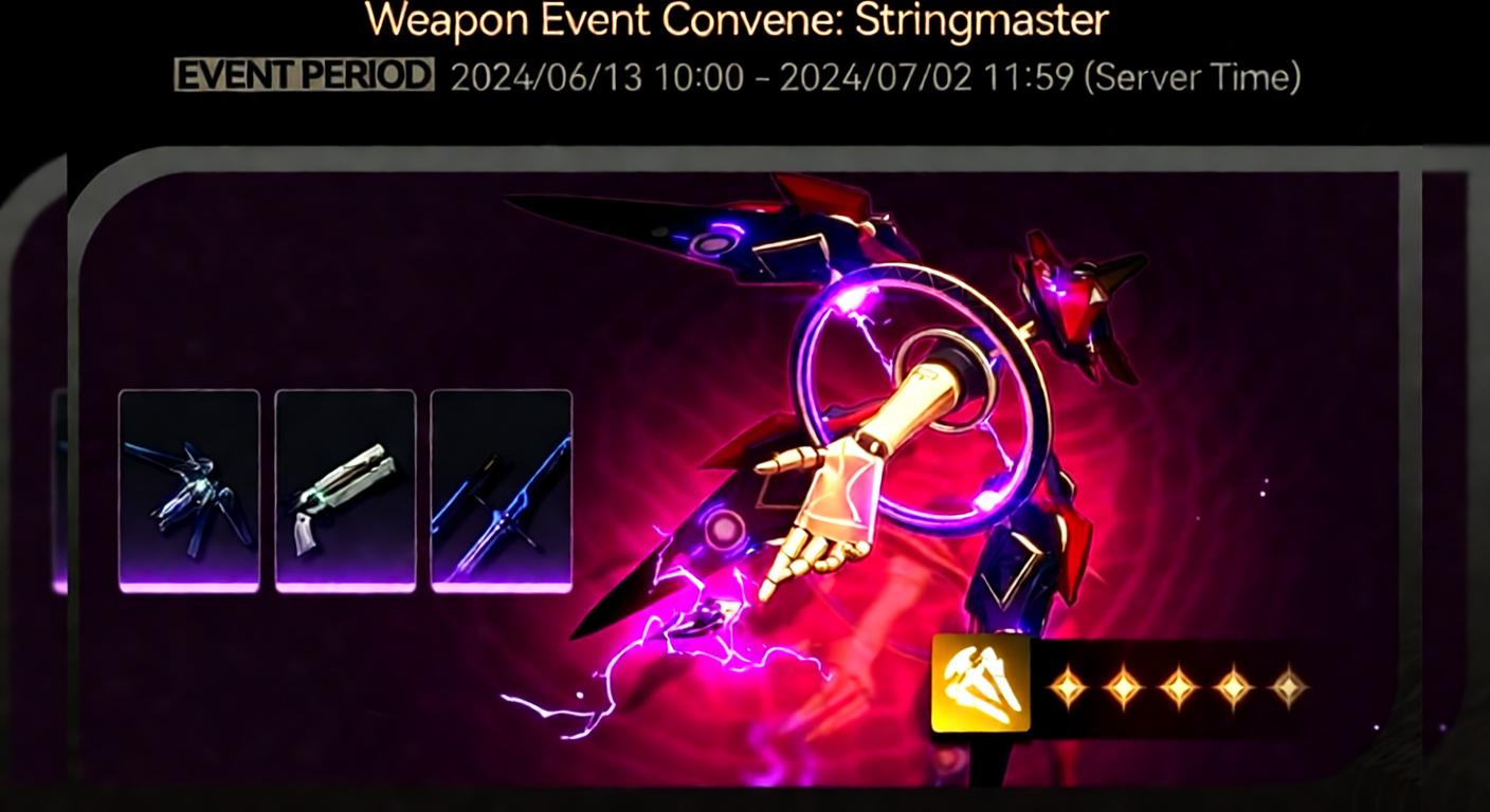 A Wuthering Waves event banner titled "Weapon Event Convene: Stringmaster" showing a large 5-star weapon and smaller images of other