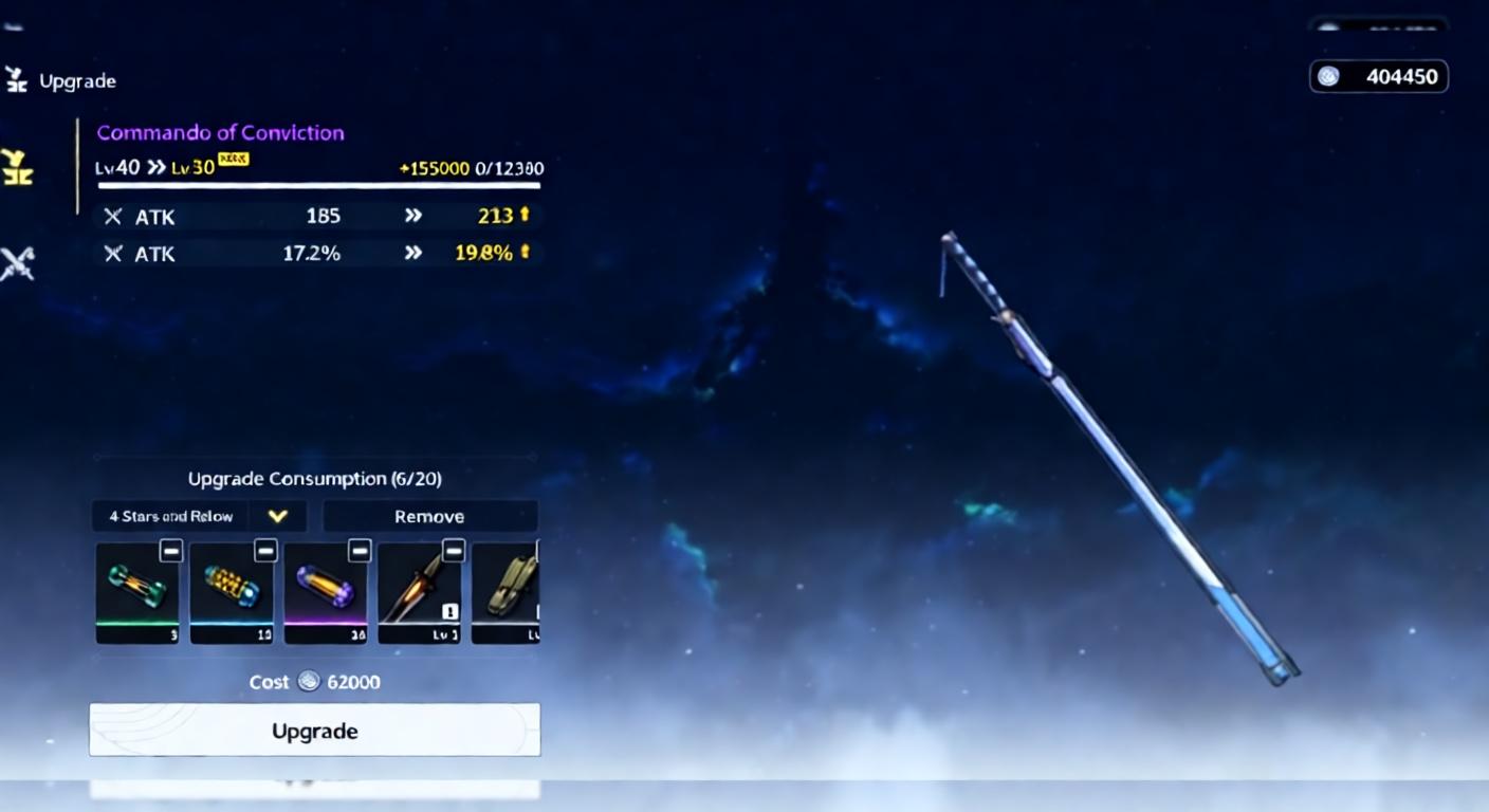 the Wuthering Waves weapon upgrade menu, showing a weapon named "Commando of Conviction" at level 40, with an option to