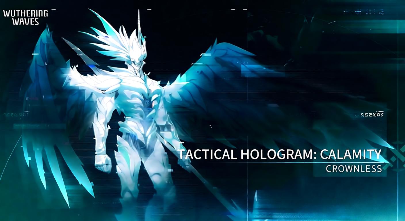 A white armored figure with large wings and a spear, with the text "Tactical Hologram: Calamity Crownless" overlaid