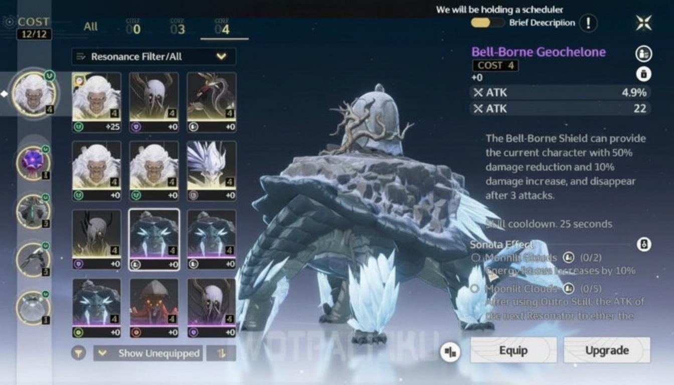 the Bell-Borne Geochelone Echo in Wuthering Waves, showing its stats and skill description