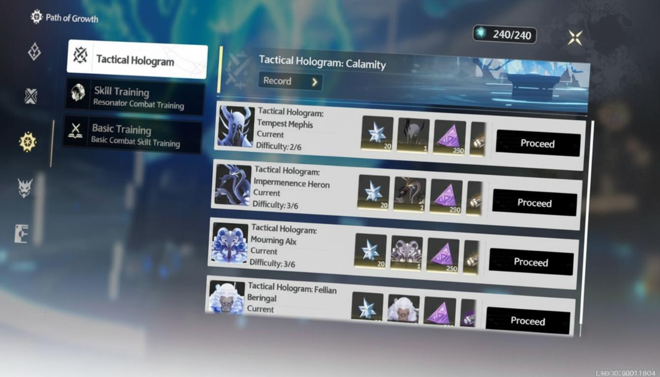 the Wuthering Waves Tactical Hologram menu, showing a list of challenges like Tempest Mephis and Impermanence Heron, each with a