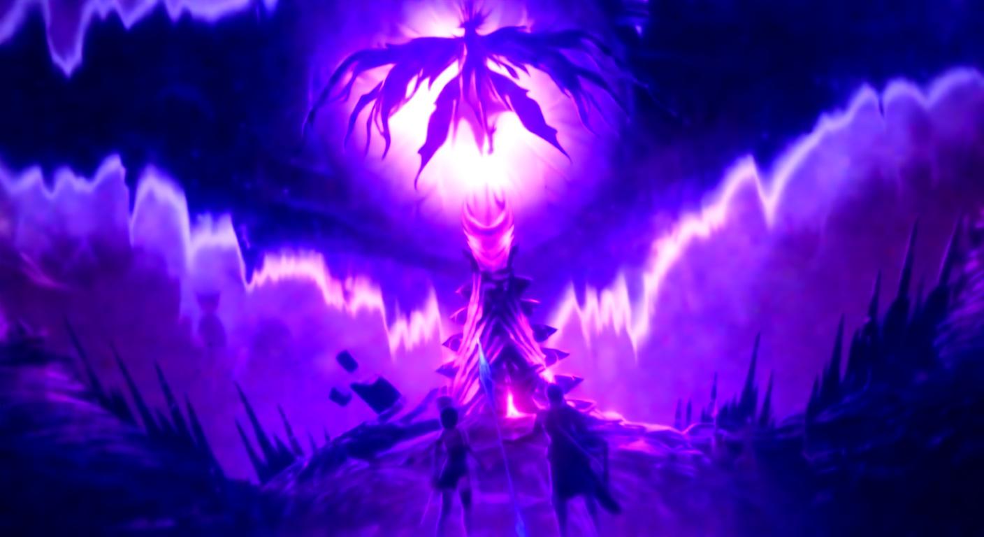 A large, winged boss creature with glowing purple energy stands atop a structure in a purple landscape